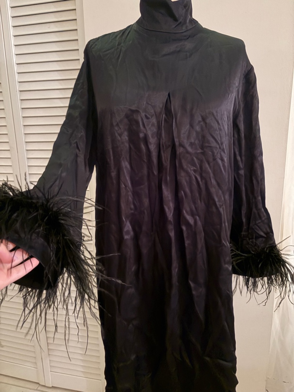 SLEEPER Black Ostrich Feather Cuff High-Neck Women’s Dress
